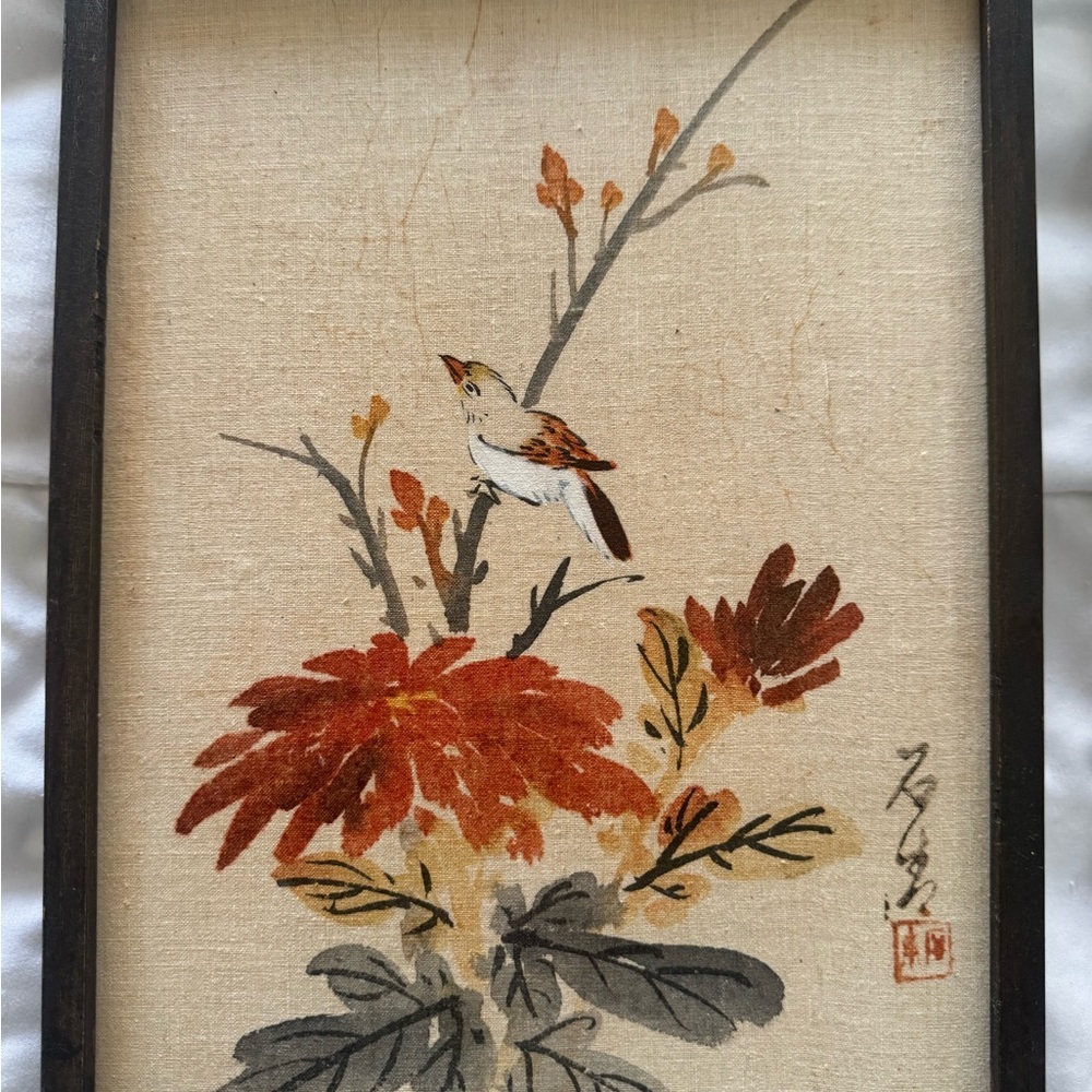 Vintage Asian Hand Painted Fabric Art Bird & Floral Wood Panels Signed Set of 2 - Picture 9 of 9